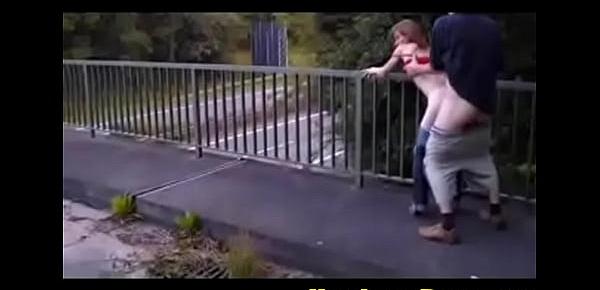  Redhead amateur teen hooker has sex on bridge in public